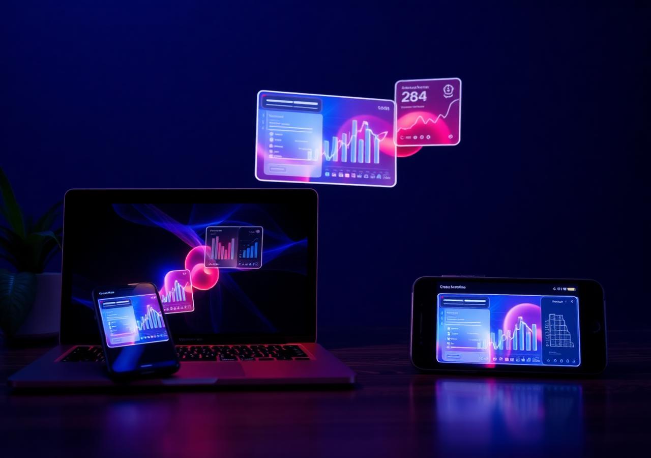 Learning content displayed across laptop, tablet and mobile devices